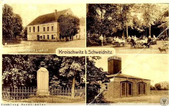 Świdnica - Kraszowice: gospoda Liebicha z ogrodem towarzyskim, pomnik poległych i remiza strażacka